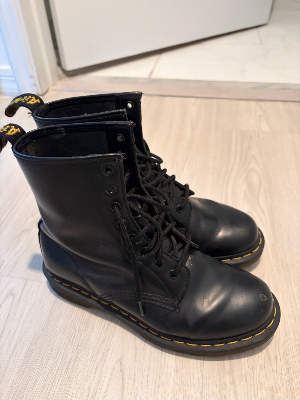 Dr. Martens Black Leather Lace-Up Combat Boots with Yellow Stitching